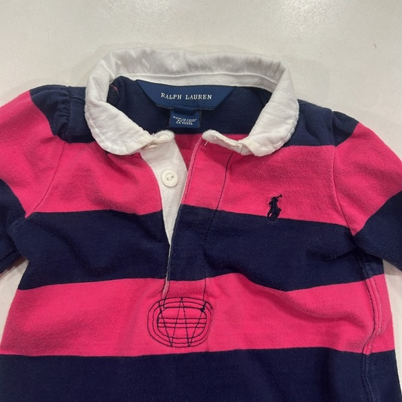 Ralph Lauren Baby Girl's Striped Dress with collar and ruffle - Blue/pink 9 M - Picture 2 of 9